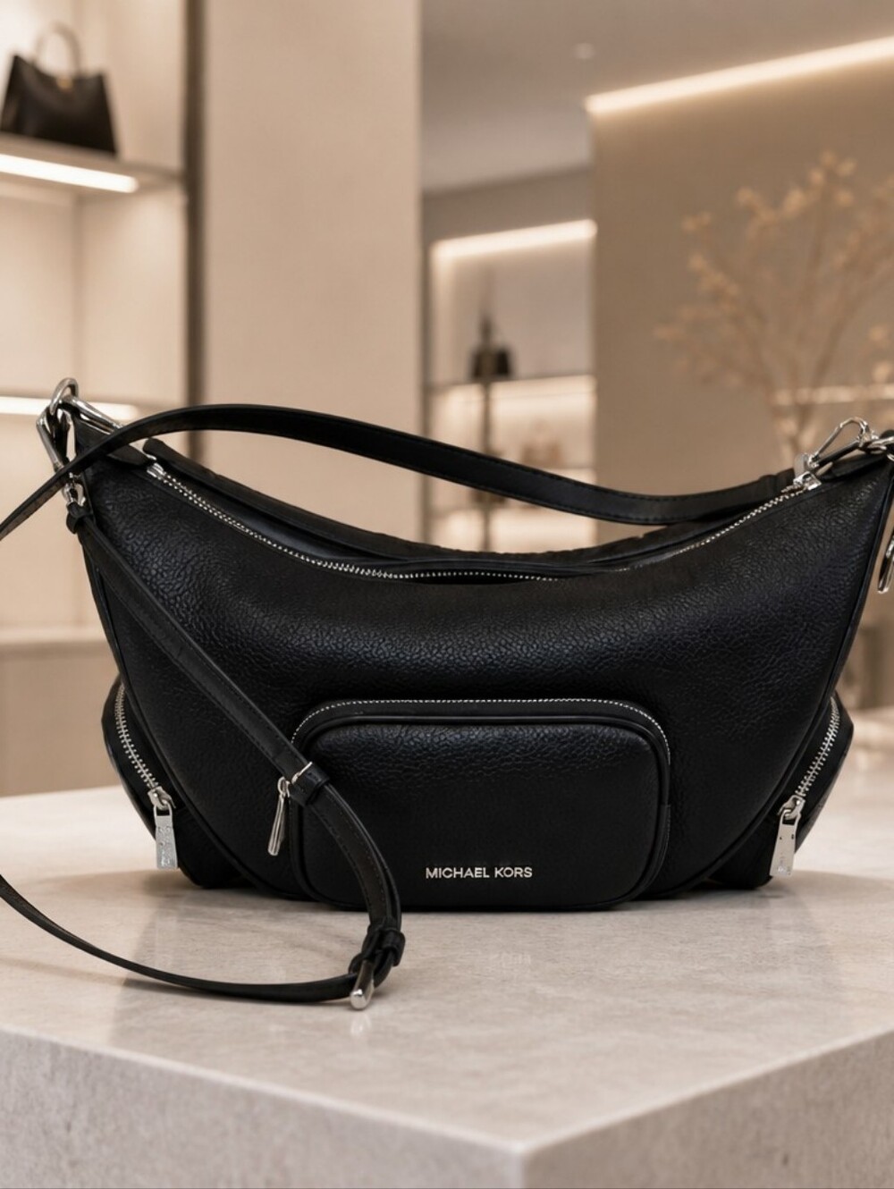 Michael Kors Black Pebbled Leather Shoulder Hobo with Front And Side Pockets NWT
